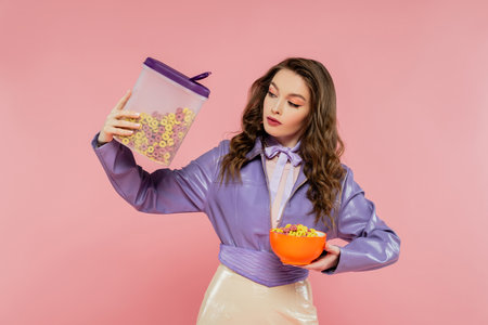 concept photography, brunette woman with wavy hair pretending to be a doll, holding container with...