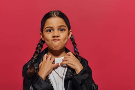 Portrait of aggressive and fashionable preteen girl with hairstyle wearing leather jacket and looking at camera while standing isolated on red, girl with cool and contemporary lookの写真素材