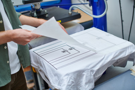 Cropped view of young artisan holding printing layer near t-shirt with marking and working with...