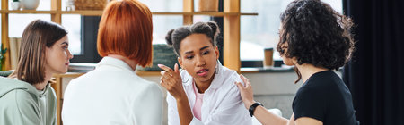 upset african american woman talking to motivation coach and multicultural female friends during...