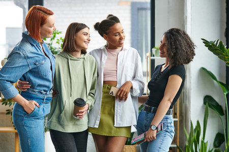 joyful and stylish multiethnic women in stylish casual clothes looking at each other in friendly...
