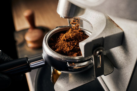 preparation of espresso, close up of grinded coffee in portafilter, coffee machine, arabicaの写真素材