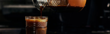 pouring espresso into orange juice, refreshing beverage, coffee, bumblebee drink, banner