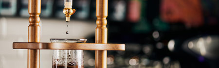 cold drip brewing method, water dripping on ground coffee, alternative espresso preparation, banner