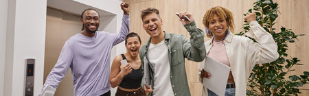 diversity, excited business people celebrating success, coworking, startup, generation z, bannerの写真素材