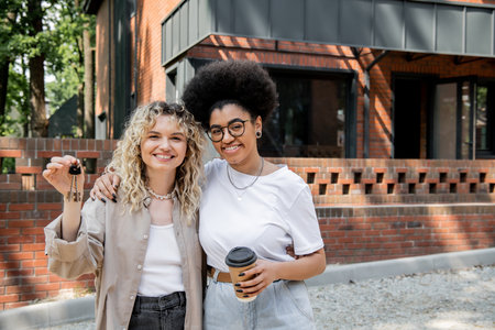 cheerful interracial lesbian couple with keys and coffee to go looking at camera near private houseの写真素材