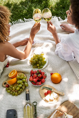 fresh fruits and vegetables near african american girlfriends clinking wine glasses on picnicの写真素材