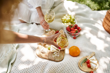 cropped view of african american women with wine glasses near snacks on summer picnicの写真素材