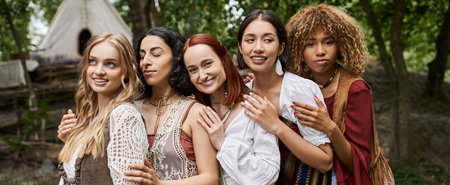 positive multiethnic women in boho outfits hugging outdoors in retreat center, bannerの写真素材