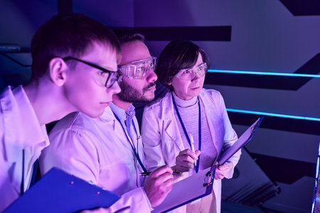 Futuristic Analysis: Three Scientists Delve into Device Study in Neon-Lit Science Center.の写真素材