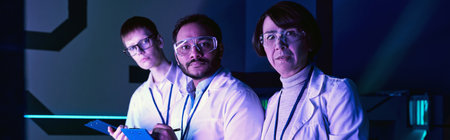 banner, Three Scientists Engage in Headshot Analysis Within Neon-Lit Science Center.の写真素材