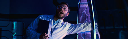 scared indian scientist screaming while putting hand into new device in innovation hub, banner