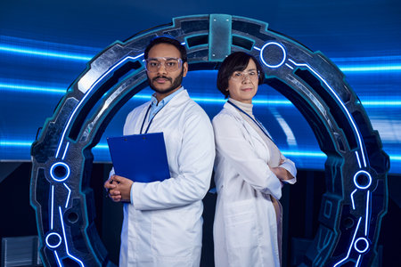 forward-thinking multiethnic scientists looking at camera back to back in innovation hub