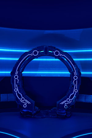 futuristic concept, arch-shaped innovation device in experimental laboratory, neon light