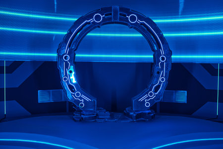 futuristic architecture and science, arch-shaped experimental device in neon-lit laboratoryの写真素材