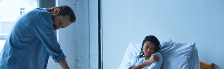 miscarriage concept, depressed african american woman lying in hospital bed near husband, banner