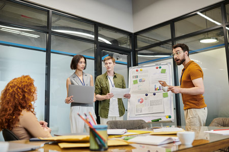 meeting room, startup, excited bearded businessman talking to team near flip chart with graphs