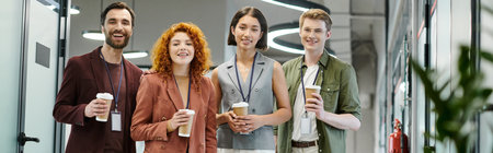professional headshot, business colleagues with coffee to go smiling at camera in office, banner