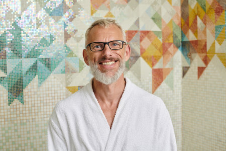 joyful middle aged man in white robe sitting in sauna, spa and wellness concept, marble hammamの写真素材