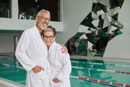 happy middle aged man in glasses and white robe hugging wife in spa center, wellness retreat conceptの写真素材