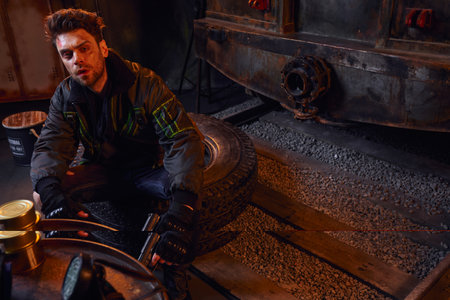 unshaven man with gun sitting on tire near subway carriage and tins with canned food in underground
