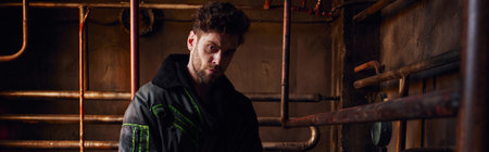 depressed man in black dirty jacket near rusty pipes in dark post-apocalyptic subway, banner