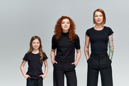 generations, happy women and girl posing with hands in pockets in matching attire on grey backdrop
