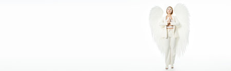 mysterious woman in halloween costume of divine angel with wings praying on white backdrop, bannerの写真素材