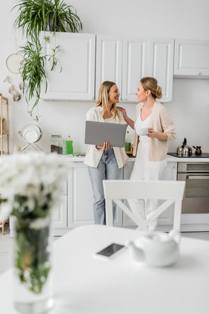 attractive blonde sisters standing in kitchen with laptop looking at each other, family bondingの写真素材