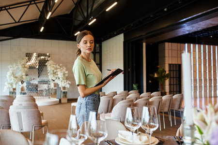 young event manager with clipboard looking at table with festive setting in modern event hallの写真素材