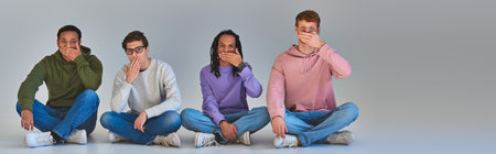 four young friends sitting with crossed legs and covering their mouths, cultural diversity, bannerの写真素材