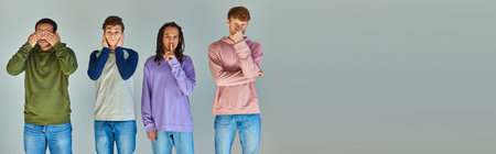 four multicultural men gesturing hear, see, speak and do no evil, cultural diversity, bannerの写真素材
