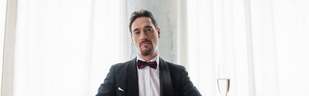 wealthy and confident gentleman in tuxedo with bow tie looking at camera, rich lifestyle banner