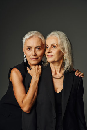 elegant senior lady in black attire hugging shoulders of female friend and looking at camera on greyの写真素材