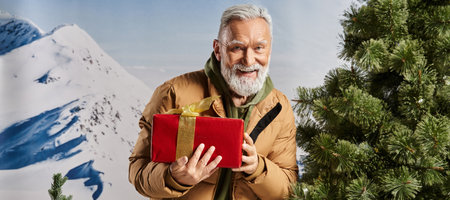 cheerful Santa holding present and smiling at camera with mountains backdrop, winter concept, banner
