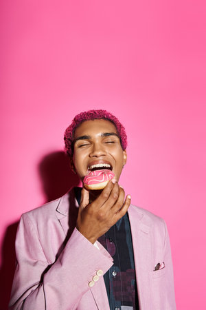 handsome stylish man with curly pink hair in classy blazer eating donut posing on pink backdropの写真素材
