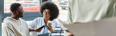 cropped view of man working with his friends smiling at each other on backdrop, coworking, banner