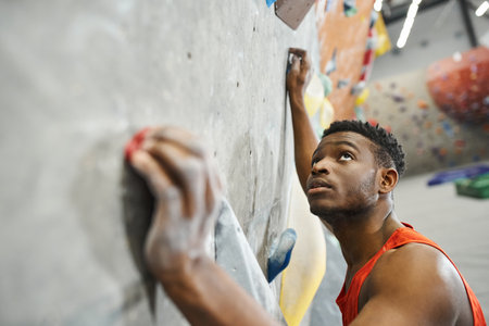 good looking young african american man climbing up bouldering wall and looking up, sportsmanの写真素材