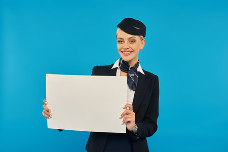 happy stewardess in stylish unform holding blank placard and looking at camera on blue backdropの写真素材