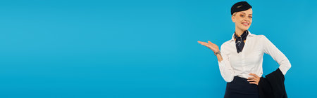 joyful stewardess in white blouse holding uniform jacket and pointing with hand on blue, bannerの写真素材