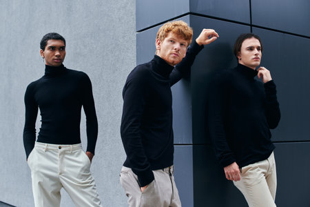 three handsome young men in black turtlenecks posing with wall on backdrop, fashion conceptの写真素材