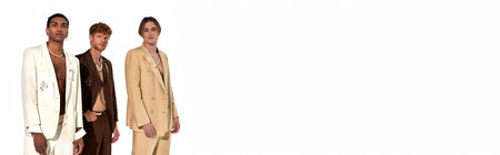 good looking trio in classy suits with accessories standing and looking at camera, men power, bannerの写真素材