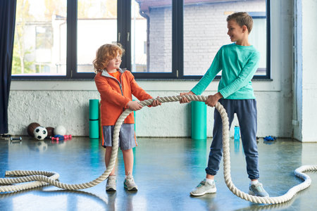 red haired and brunette boys in sportswear pulling fitness rope and looking at each other, sportの写真素材