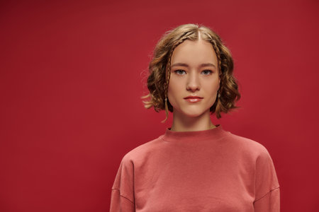 portrait of young pretty woman with short wavy hair and braids looking at camera on red background