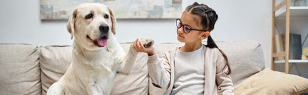 happy elementary age girl in eyeglasses holding paw of labrador and sitting on sofa, bannerの写真素材