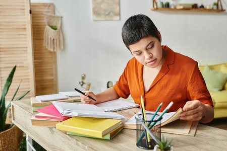 hard working young student in orange shirt taking notes and looking at textbook, education at home