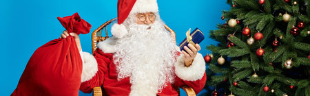 happy Santa Claus sitting in rocking chair with gift box and sack bag near Christmas tree, bannerの写真素材