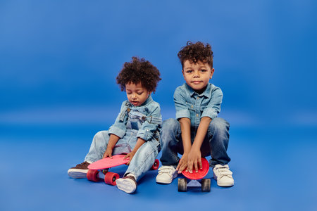 cute african american siblings in stylish denim clothes sitting on penny boards on blue backdropの写真素材