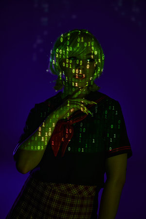 anime woman in students uniform in neon binary code projection on blue backdrop, hand near chinの写真素材