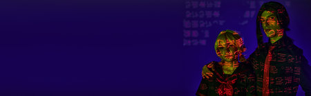 anime style students in colorful neon light with hieroglyphs on blue indigo backdrop, bannerの写真素材